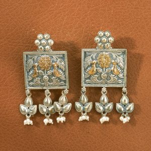 Heritage Bird & Floral Square Classic Earring With 2 Tone Plating