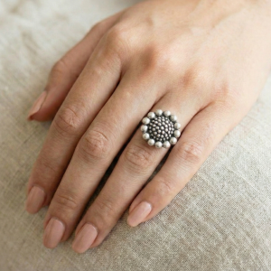 Artisan Oxidized Floral Statement Ring | Adjustable Brass Ethnic Bloom