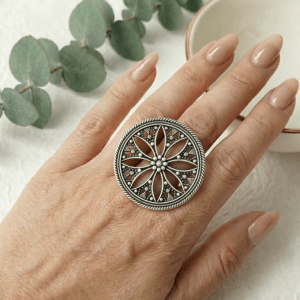 Oxidized Silver Filigree Flower Ring – Boho Statement Jewelry with Intricate Cutouts