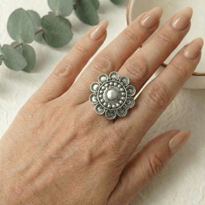 Antique Style Oxidized Silver Floral Mandala Statement Ring - Ethnic Boho Jewelry