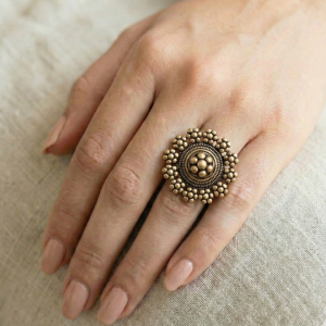 Vintage-Inspired Engraved Brass Cocktail Ring - Statement Floral Design