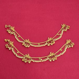 Traditional Temple Design Gold Tone Anklets with Pearls & Bells