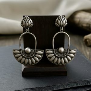 Oxidized Silver Lotus & Fan Drop Earrings - Ethnic Statement Jewelry