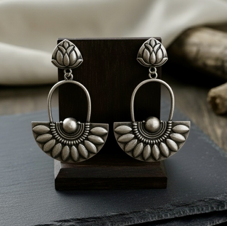 Oxidized Silver Lotus & Fan Drop Earrings - Ethnic Statement Jewelry