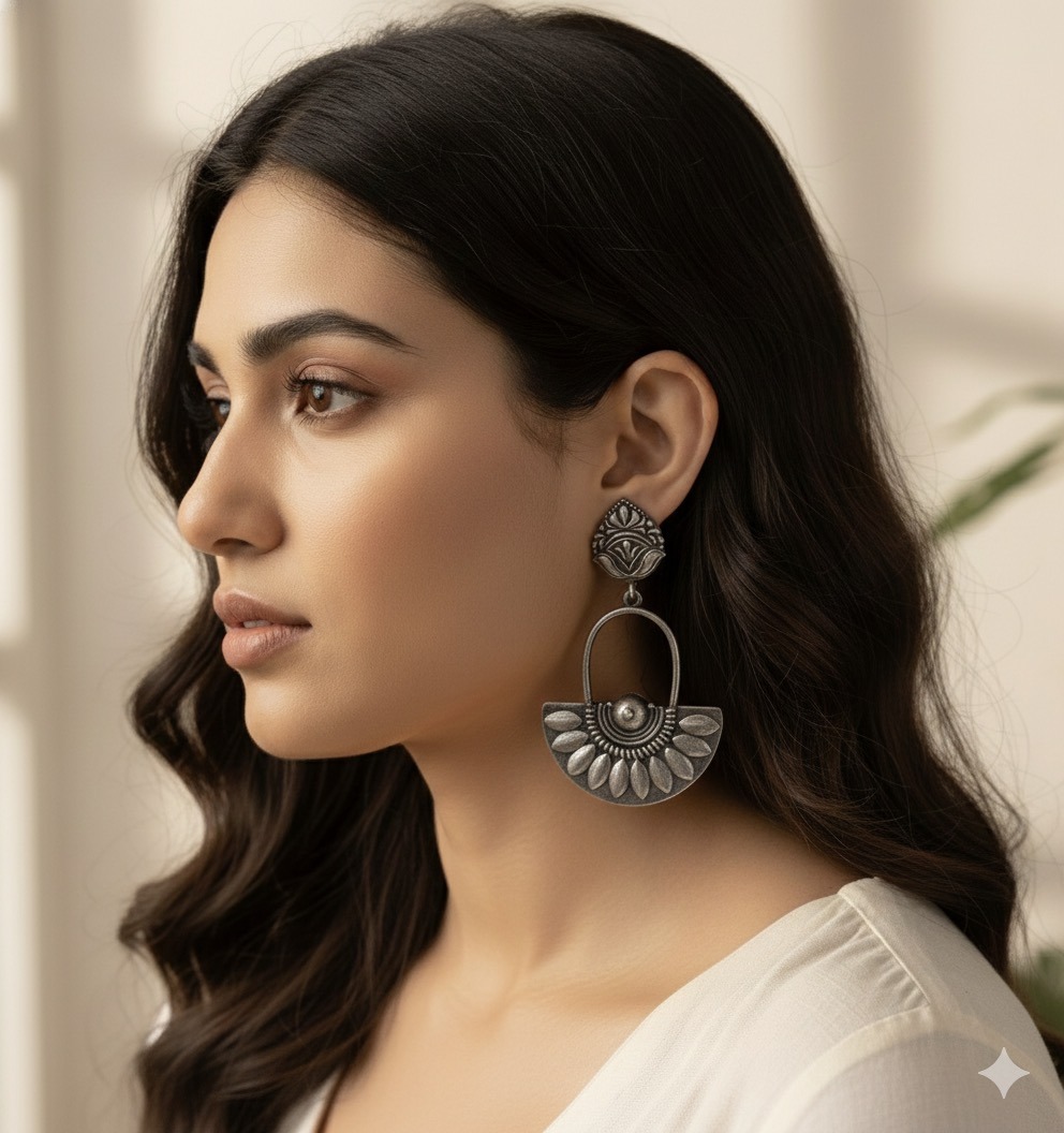 Oxidized Silver Lotus & Fan Drop Earrings - Ethnic Statement Jewelry - Image 2