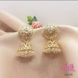 Golden Filigree Pearl Jhumka Earrings - Exquisite Traditional Indian Jewelry Elevate your ethnic style