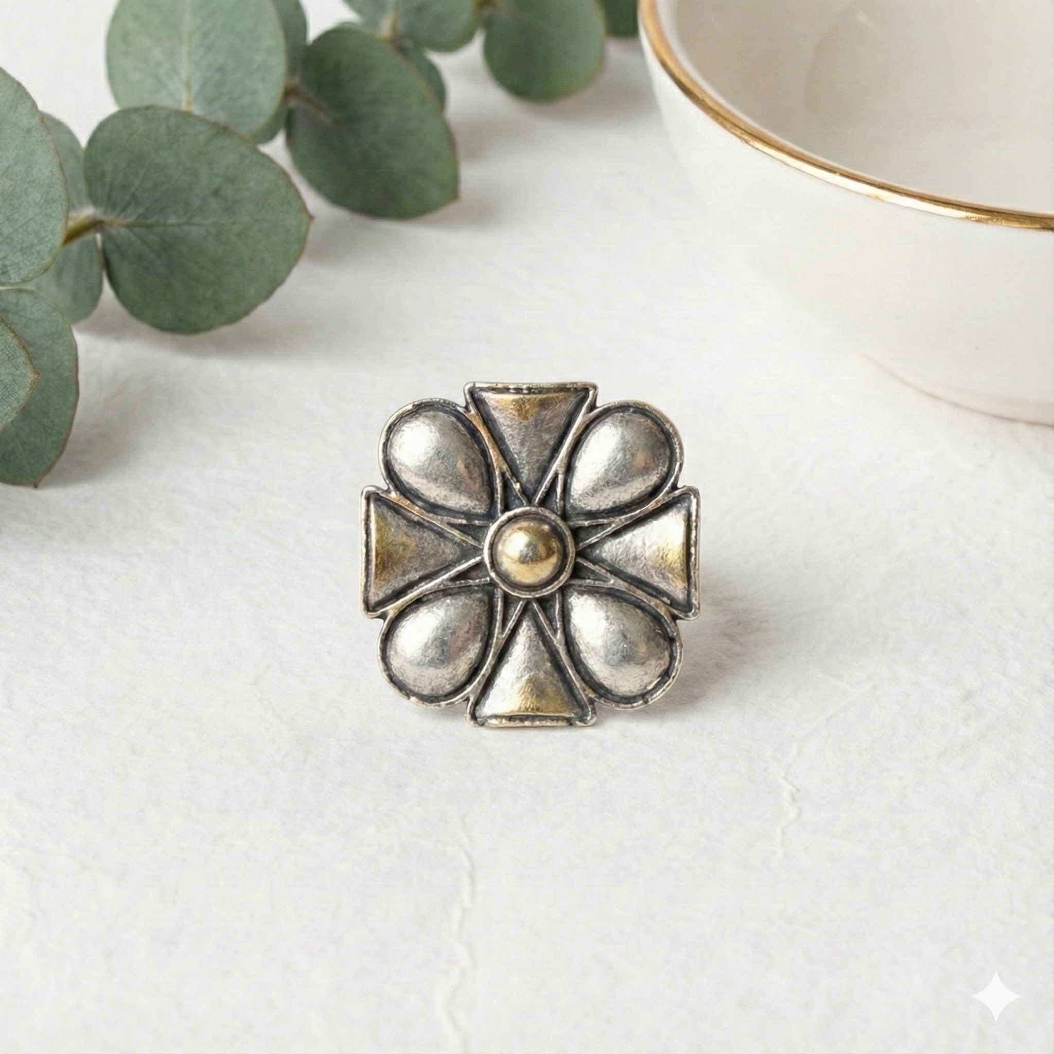Oxidized Silver Geometric Flower Ring with Brass Accents - Image 2