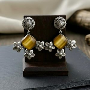 Antique Gold Cat's Eye Statement Earrings with Traditional Floral Motif (Sri Lankan Jewelry)