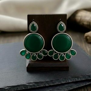 Oxidized Gold Finish Deep Green Stone Statement Earrings (2 inch drop