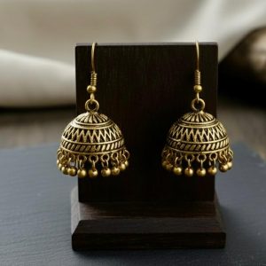 Traditional Antique Gold Finish Mini Jhumka Earrings with Metal Bead Drops.