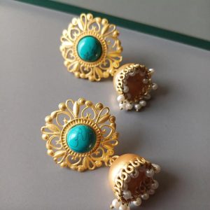 Azure Heritage Matte Gold Floral Jhumka Earrings with Turquoise Stone