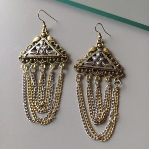 Triangular antique gold earrings with hanging mixed metal silver and gold chains
