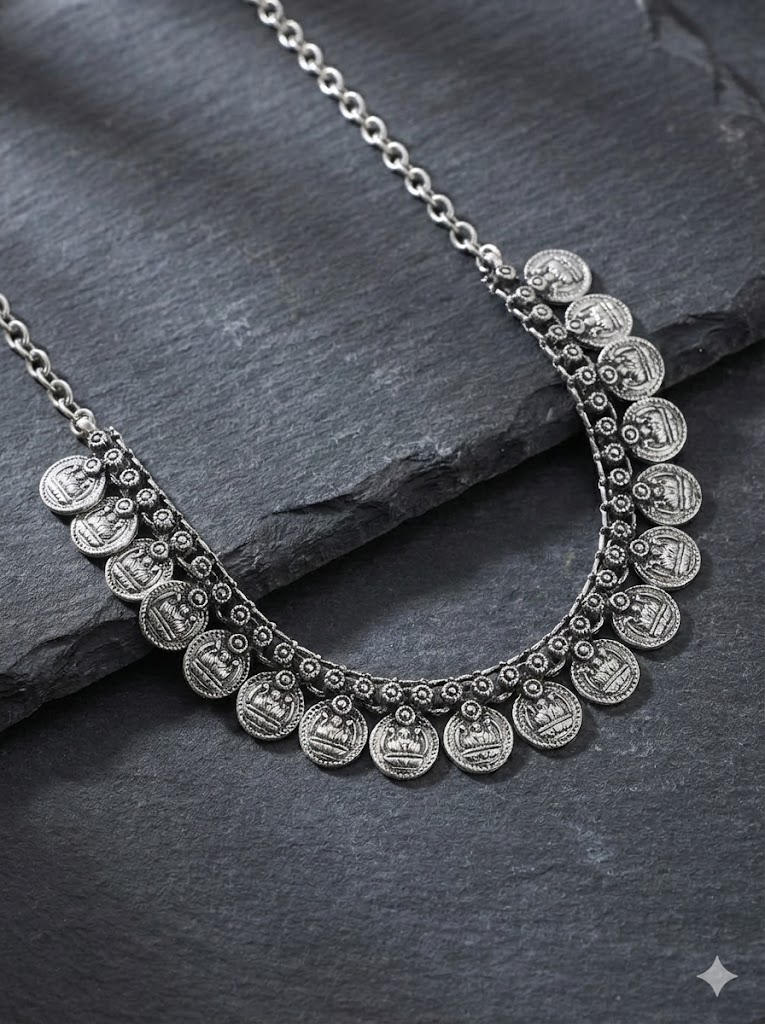 Oxidized silver traditional coin choker necklace arranged in a curve on a dark slate stone surface.