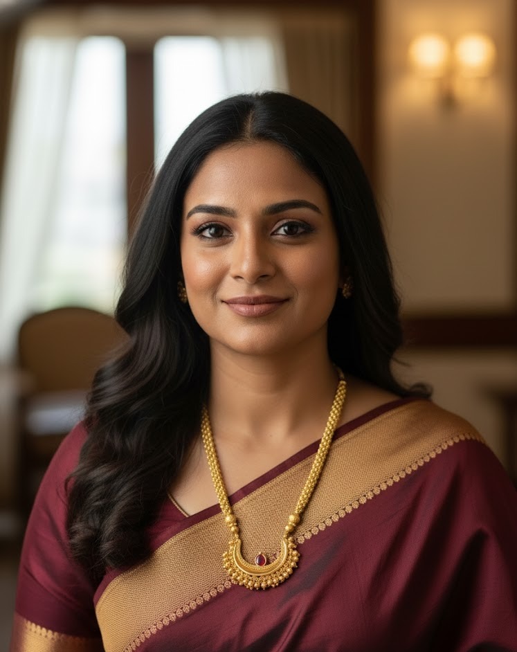 Elegant gold necklace with ruby pendant paired with a maroon silk saree for festive wear