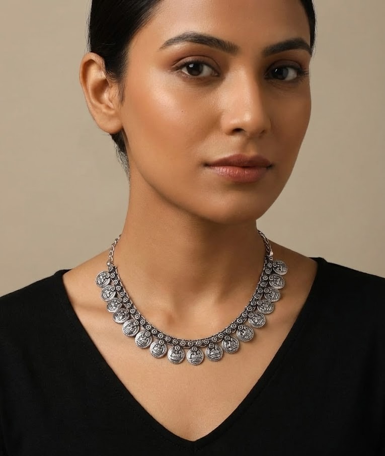 Close-up of the embossed details on the coin charms of an ethnic silver necklace.