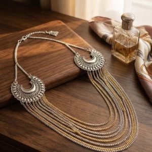 Chandni Waterfall oxidized and gold-tone layered necklace on deep red velvet background.