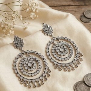 Large oxidized silver hoop earrings with circular mirror work and silver bead dangles