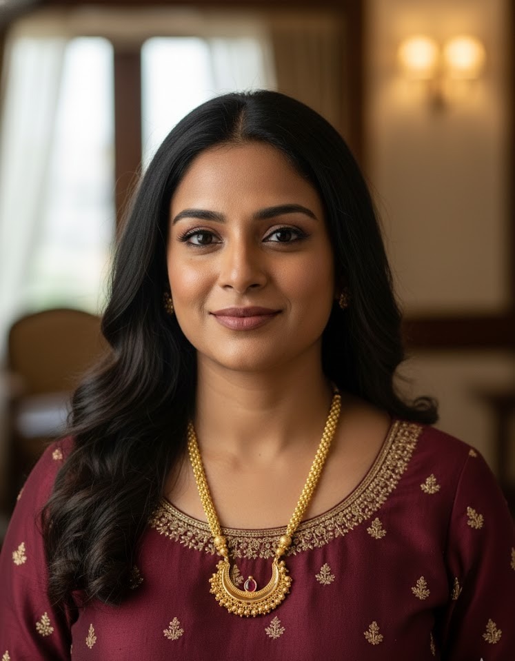 Woman wearing traditional 22K gold crescent necklace with central ruby gemstone and intricate beadwork