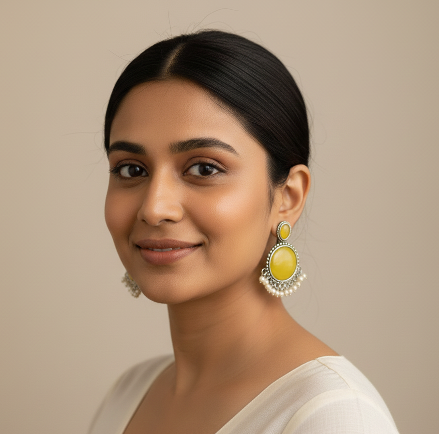 Vintage Yellow Onyx & Pearl Drop Oxidized Silver Earrings | Handcrafted Ethnic Boho Jhumka Style Dangles - Image 3