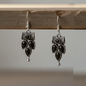 Vintage-Style Black Teardrop Earrings in Antique Silver