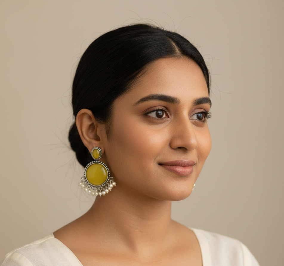 Vintage Yellow Onyx & Pearl Drop Oxidized Silver Earrings | Handcrafted Ethnic Boho Jhumka Style Dangles - Image 2
