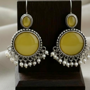 Vintage Yellow Onyx & Pearl Drop Oxidized Silver Earrings | Handcrafted Ethnic Boho Jhumka Style Dangles