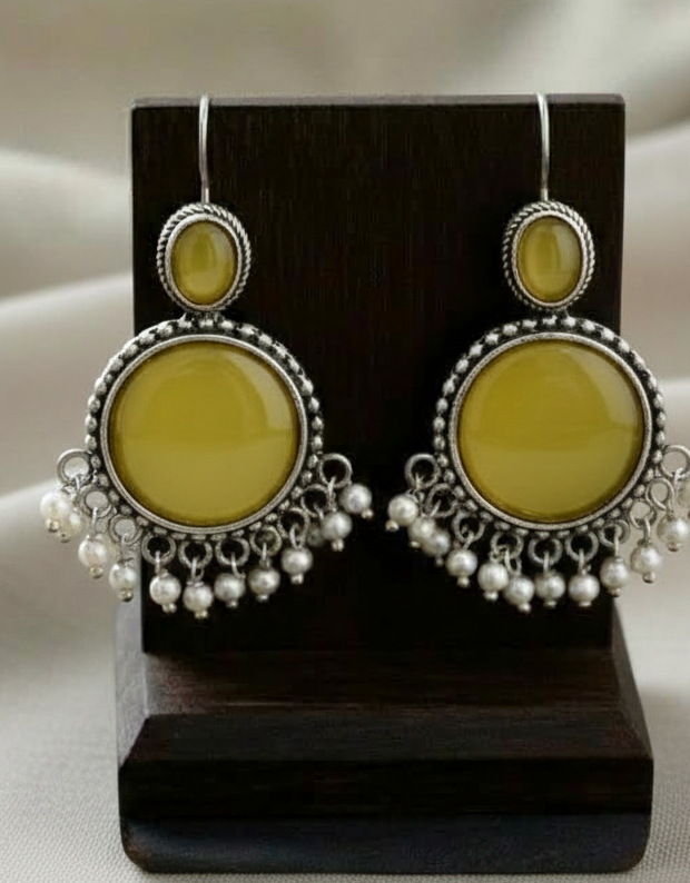 Vintage Yellow Onyx & Pearl Drop Oxidized Silver Earrings | Handcrafted Ethnic Boho Jhumka Style Dangles