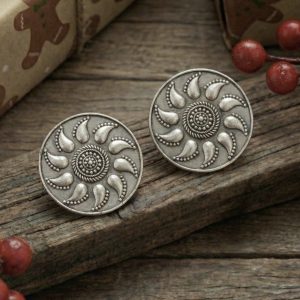 Large Oxidized Silver Sun & Paisley Stud Earrings