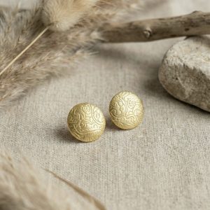 Round Embossed Gold Stud Earrings - Vintage Style Button Studs