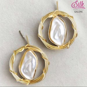 Gold Wire Wrapped Baroque Pearl Statement Stud Earrings