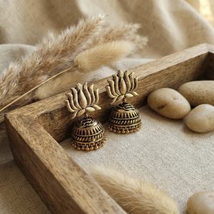 Antique Gold Lotus Jhumka Earrings - Traditional Indian Floral Statement Jewelry