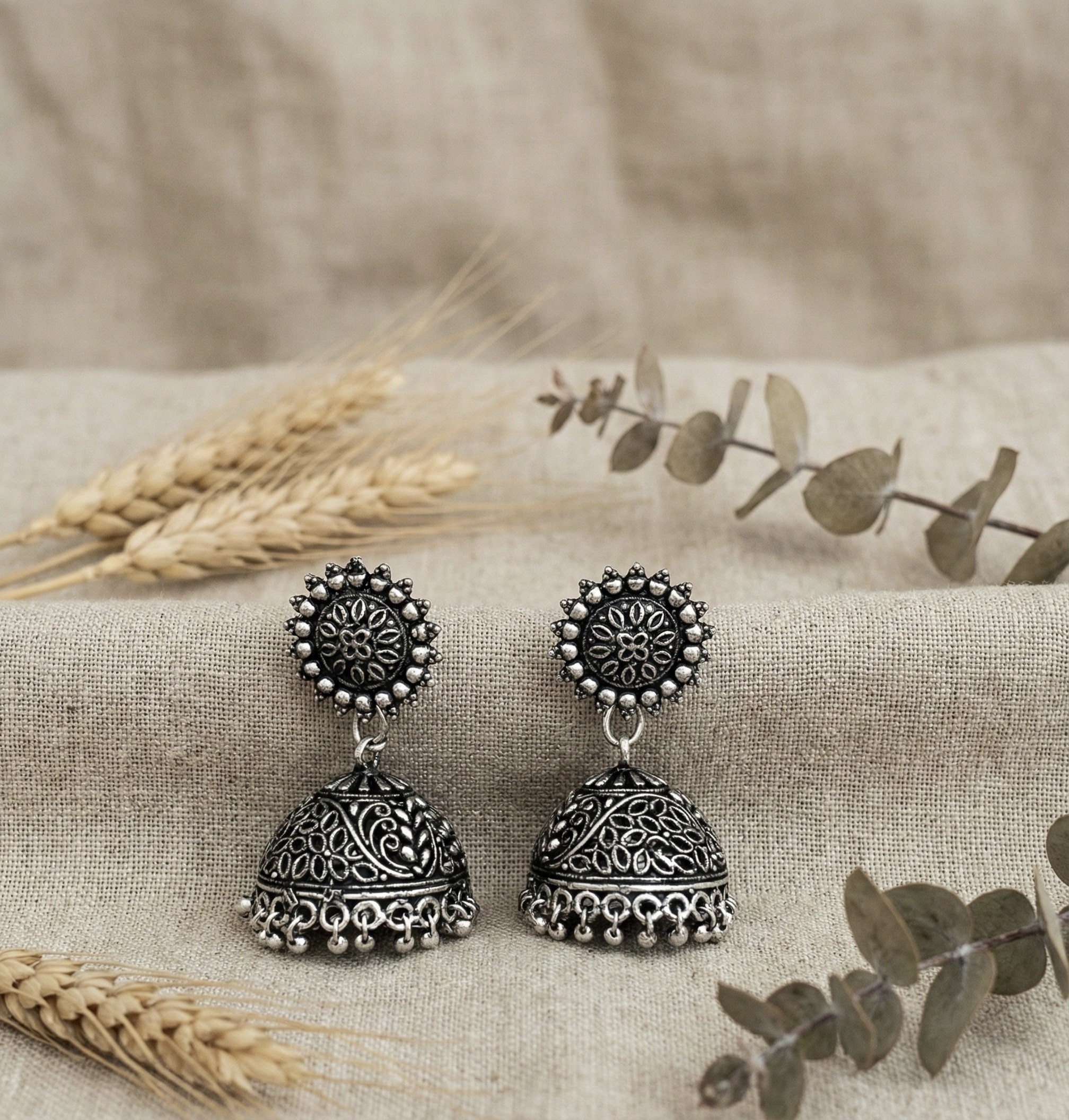 Oxidized Silver Jhumka Earrings – Traditional Indian Boho Dangle Earrings with Ghungroo Bells