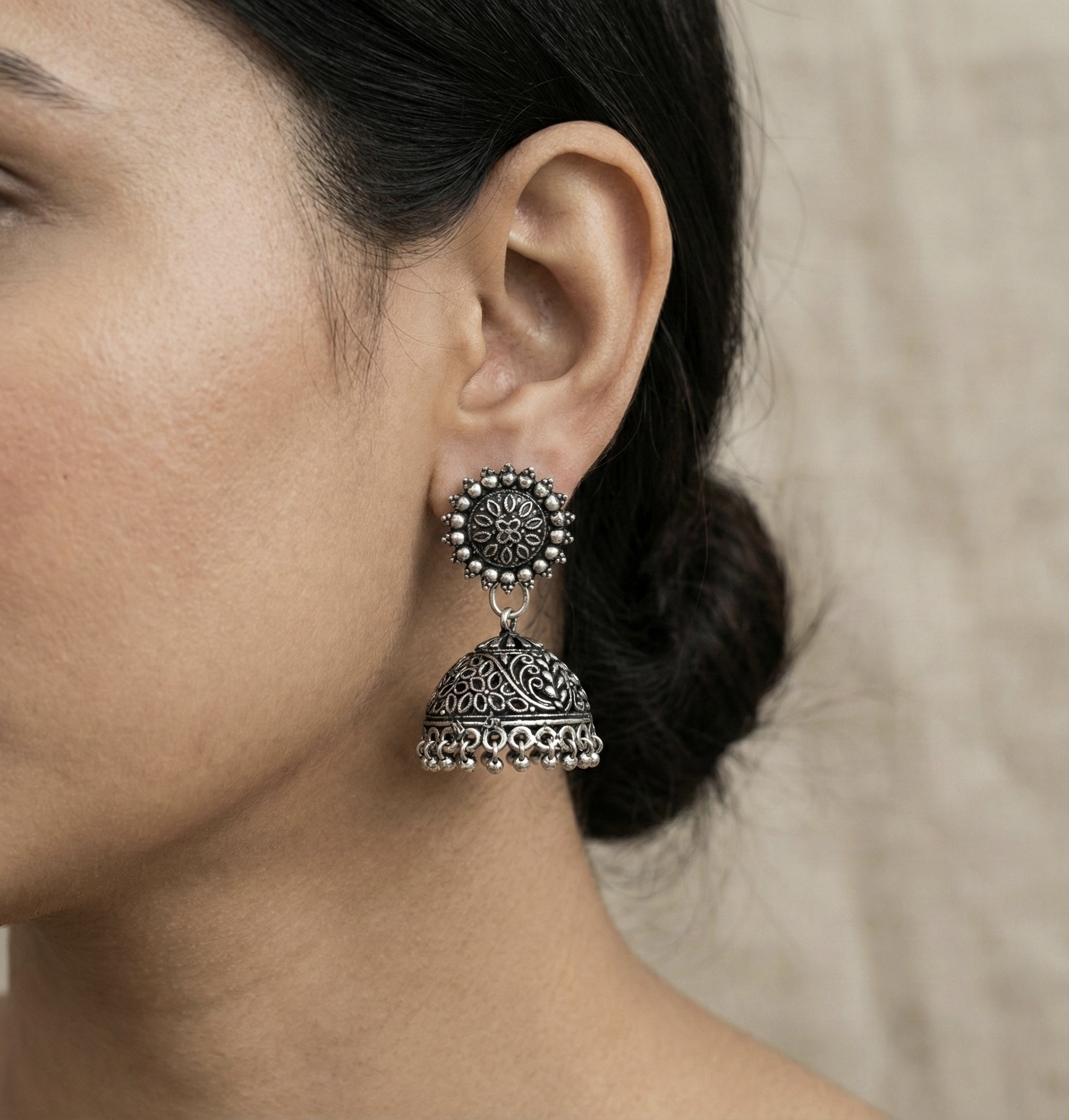 Oxidized Silver Jhumka Earrings – Traditional Indian Boho Dangle Earrings with Ghungroo Bells - Image 2