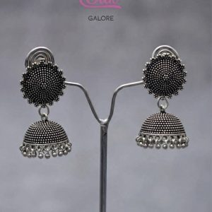 Traditional Silver-Tone Rava Work Jhumkis with Beaded Drops