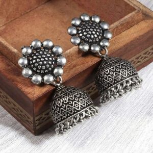 Oxidized Silver Granulated Jhumka Earrings