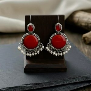 Vintage Red Onyx & Pearl Drop Oxidized Silver Earrings | Handcrafted Ethnic Boho Jhumka Style Dangles