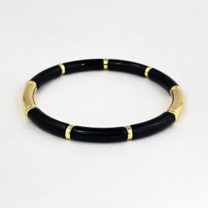 Vintage Art Deco Black Onyx and Gold Bamboo Bangle Bracelet
