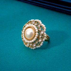 Large Pearl Statement Ring with White Stone Halo | Antique Gold Plated Adjustable Jewelry
