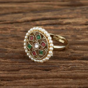 Round Kundan Style Pearl Ring - Gold Plated & Adjustable Free Size