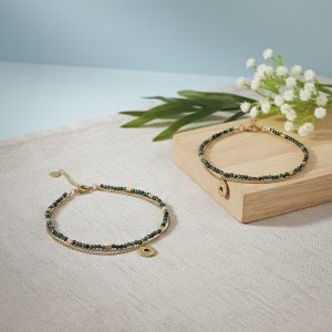 Green Beaded Layering Bracelet - Plated Evil Eye Charm & chain bracelet