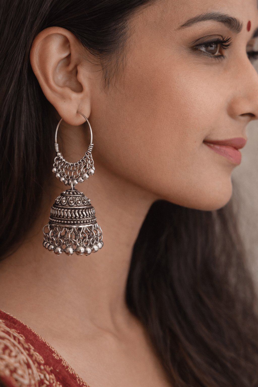 Handcrafted Oxidized Silver Jhumka Earrings - Image 2
