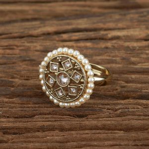 Traditional Geometric Kundan Style Ring with Pearl Border | Free Size