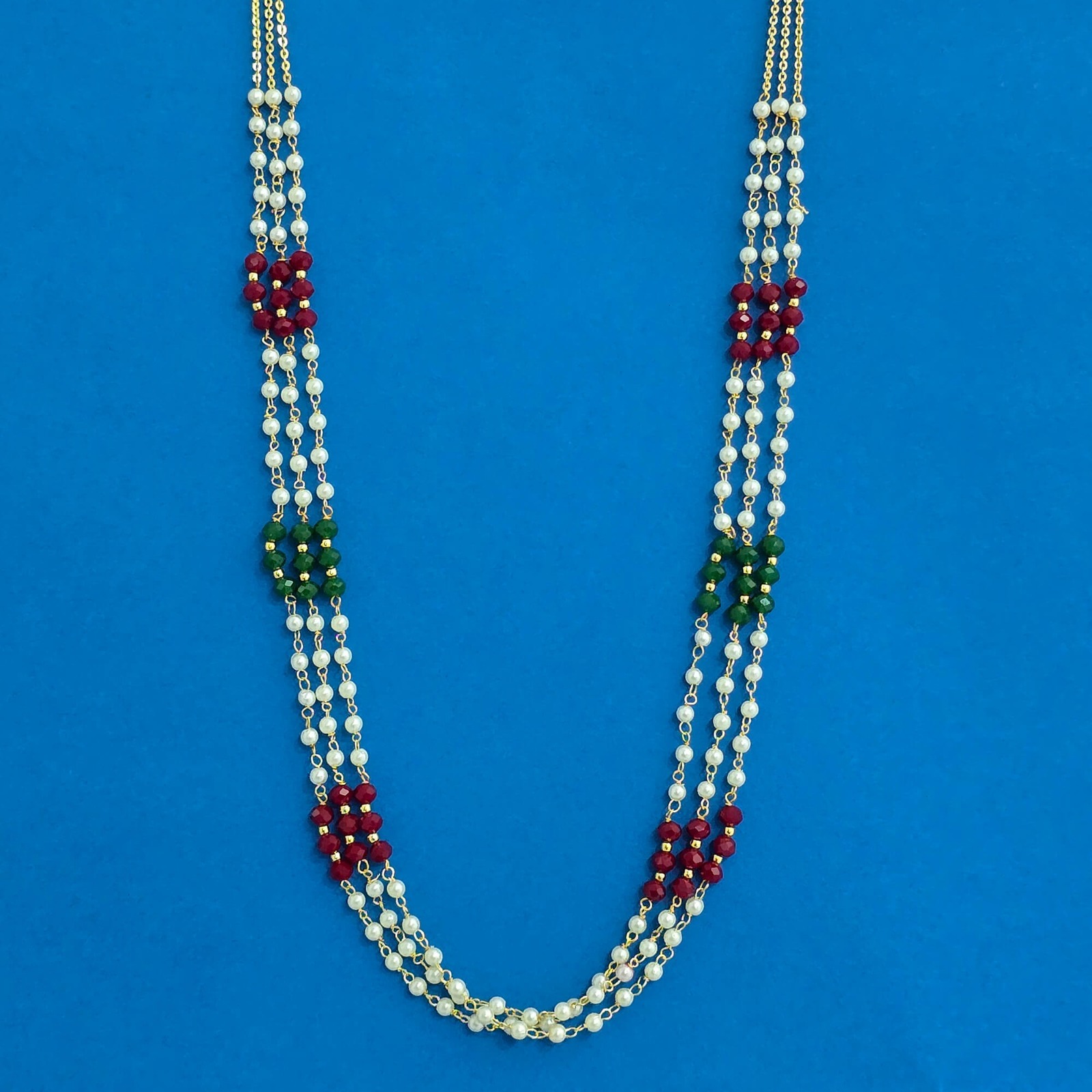 Traditional Three-Strand Pearl, Ruby & Emerald Colored Bead Layered Necklace (Mala)