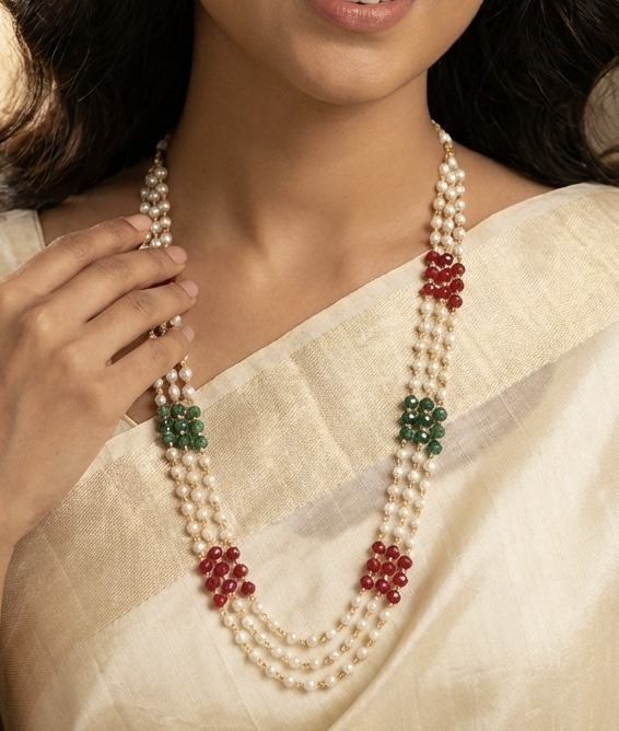 Traditional Three-Strand Pearl, Ruby & Emerald Colored Bead Layered Necklace (Mala) - Image 2