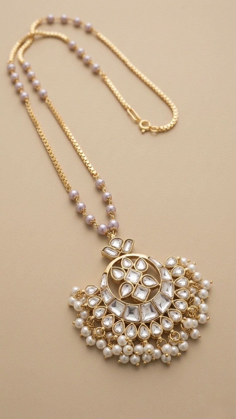 Handcrafted Gold-Plated Kundan Crescent Pendant Necklace with Pearl Droplets