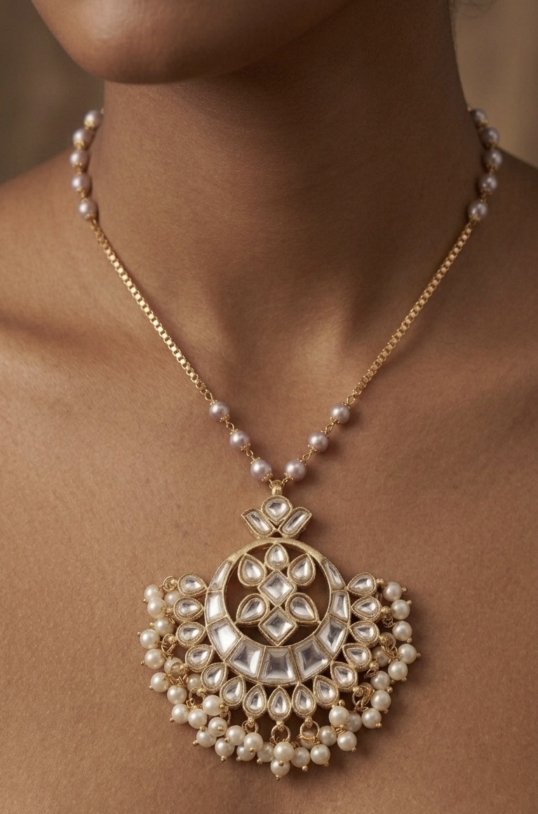 Handcrafted Gold-Plated Kundan Crescent Pendant Necklace with Pearl Droplets - Image 2