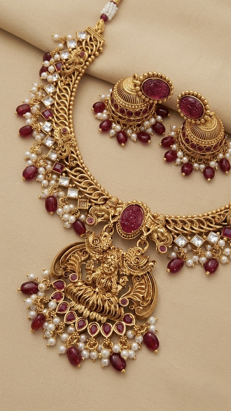 Antique Gold-Plated Lakshmi Temple Necklace Set with Ruby & Pearl Droplets - Image 2