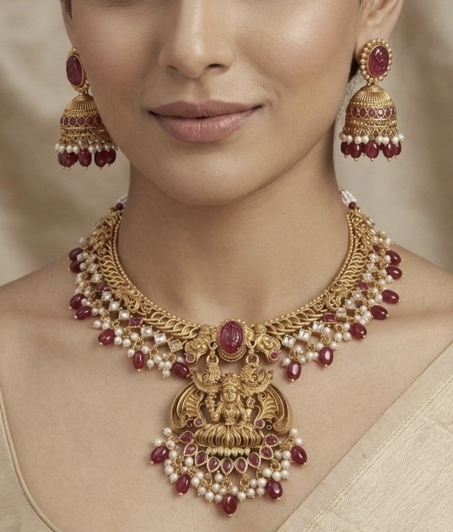 Antique Gold-Plated Lakshmi Temple Necklace Set with Ruby & Pearl Droplets - Image 4