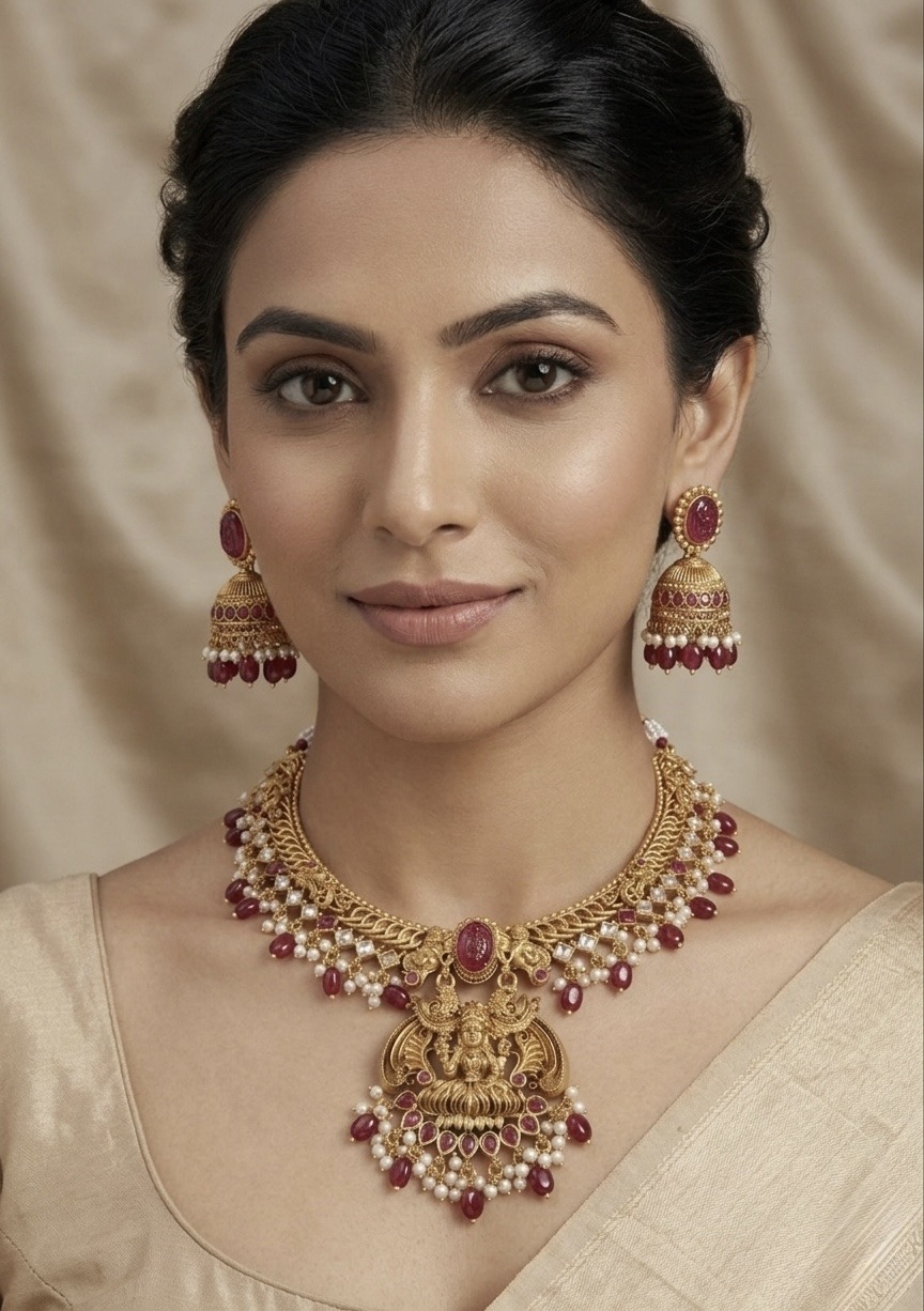 Antique Gold-Plated Lakshmi Temple Necklace Set with Ruby & Pearl Droplets - Image 3