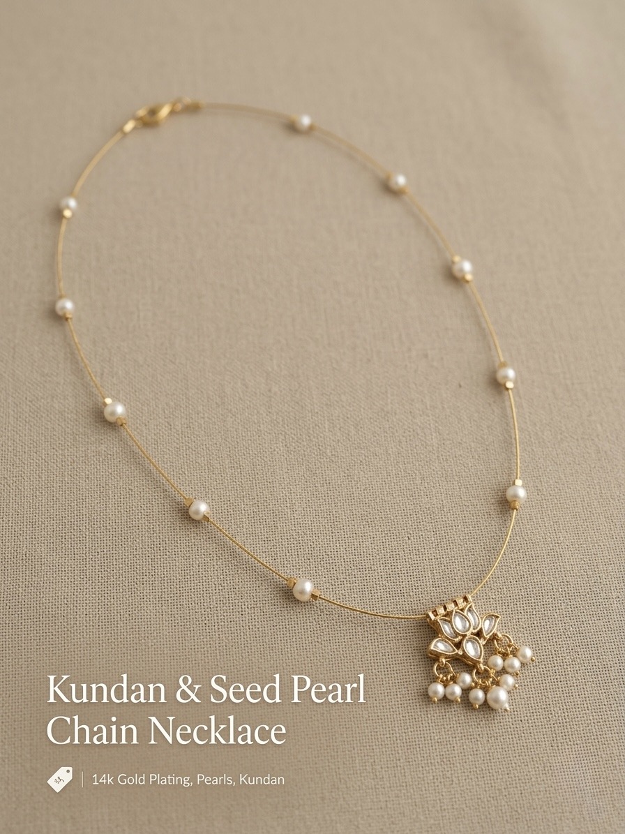 Handcrafted Kundan Lotus Pendant Necklace with Seed Pearl Wire Chain